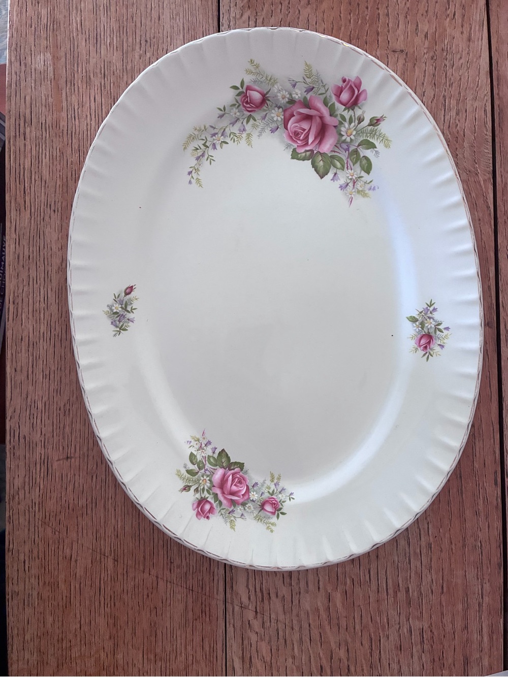 Ridgeway Oval Serving Platter with Pink Rose Floral Accents